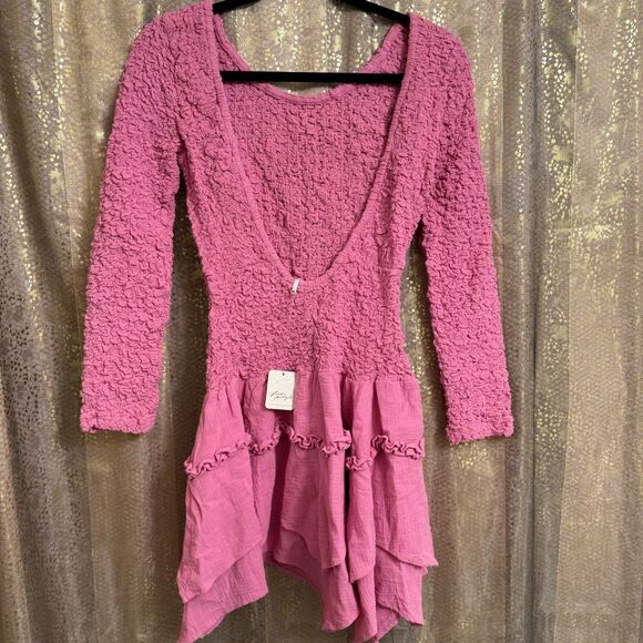 Free People What A Time Textured Long Sleeve Pink Mini Dress XS NWT - Picture 2 of 10